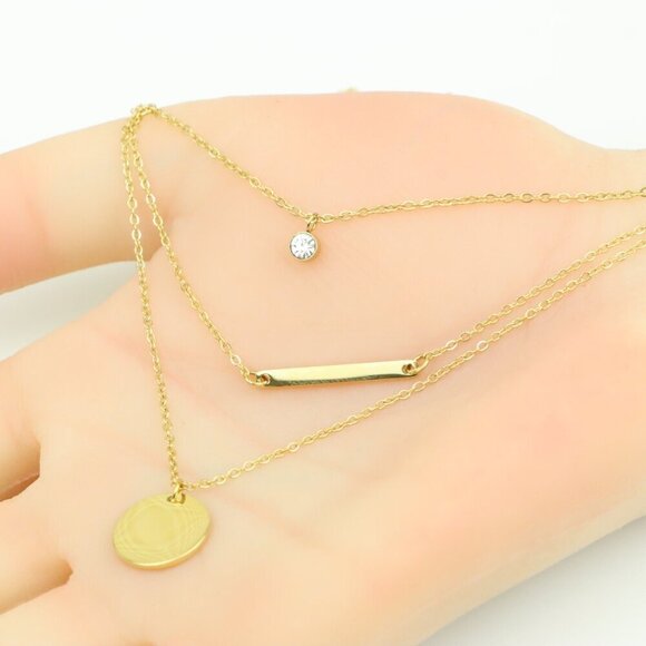 Layered Yellow Necklace with Round and Bar Pendant, Chic Design, XPNL0367 - Picture 5 of 13